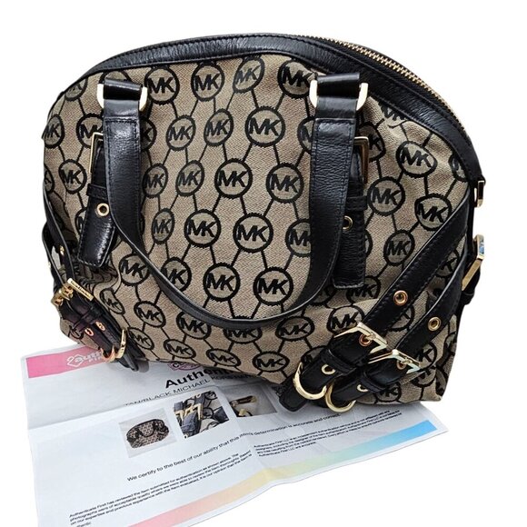 Michael Kors Milo Signature Leather Buckle Black & Beige Shoulder Bag COA - Picture 10 of 14